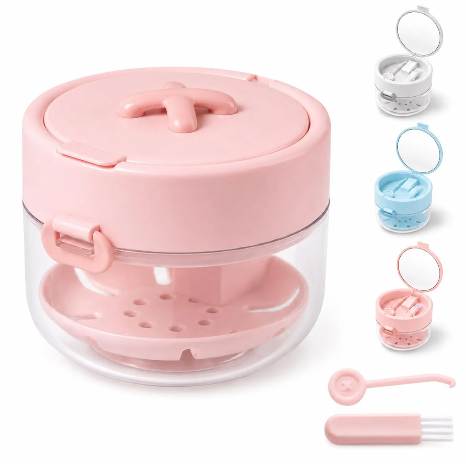 Retainer Mouth Guard Soak Container Box, Auto-Rising Aligner Bath Case With Strainer Basket, Leak Proof Braces Cleaning Cup with Mirror & Multi-Tool for Orthodontic and Denture Users
