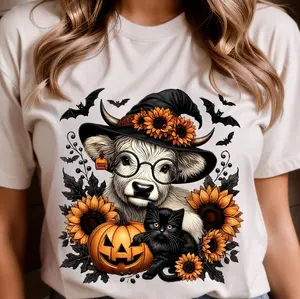 Halloween Bag 3 T-shirts with adorable Cow Designs, Ghosts, Pumpkins, and Scary for Theme Graphic Tees. Shortsleeve, comfortable trendy spooky season  halloween Top Womenswear Casual cute Tshirt Round Neck Streetwear