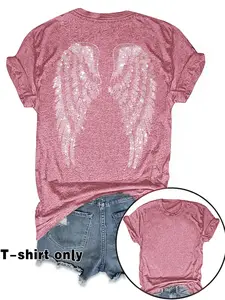 Women's Summer Casual Fashion Vintage Wing Print Round Neck Short Sleeve T-Shirt, Comfortable Breathable Fit S-Xxl