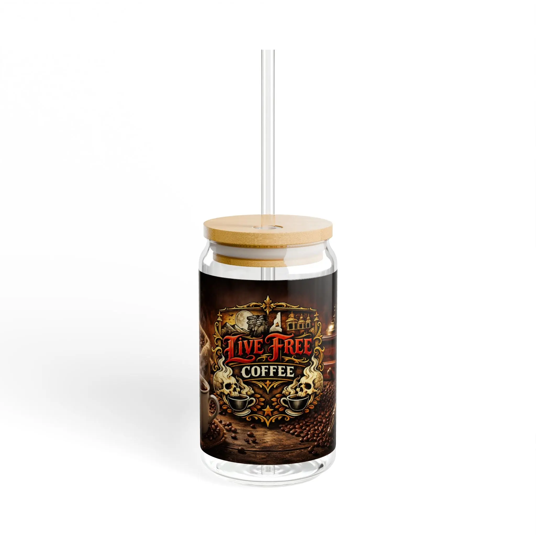 Live Free Coffee 16oz Glass Sipper with Bamboo Lid