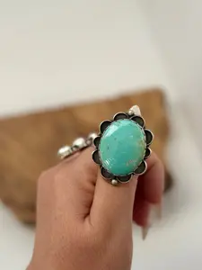 Large Scallop Turquoise Ring - Sterling Silver - Native Handmade - WM (Artist) - Size Adjustable