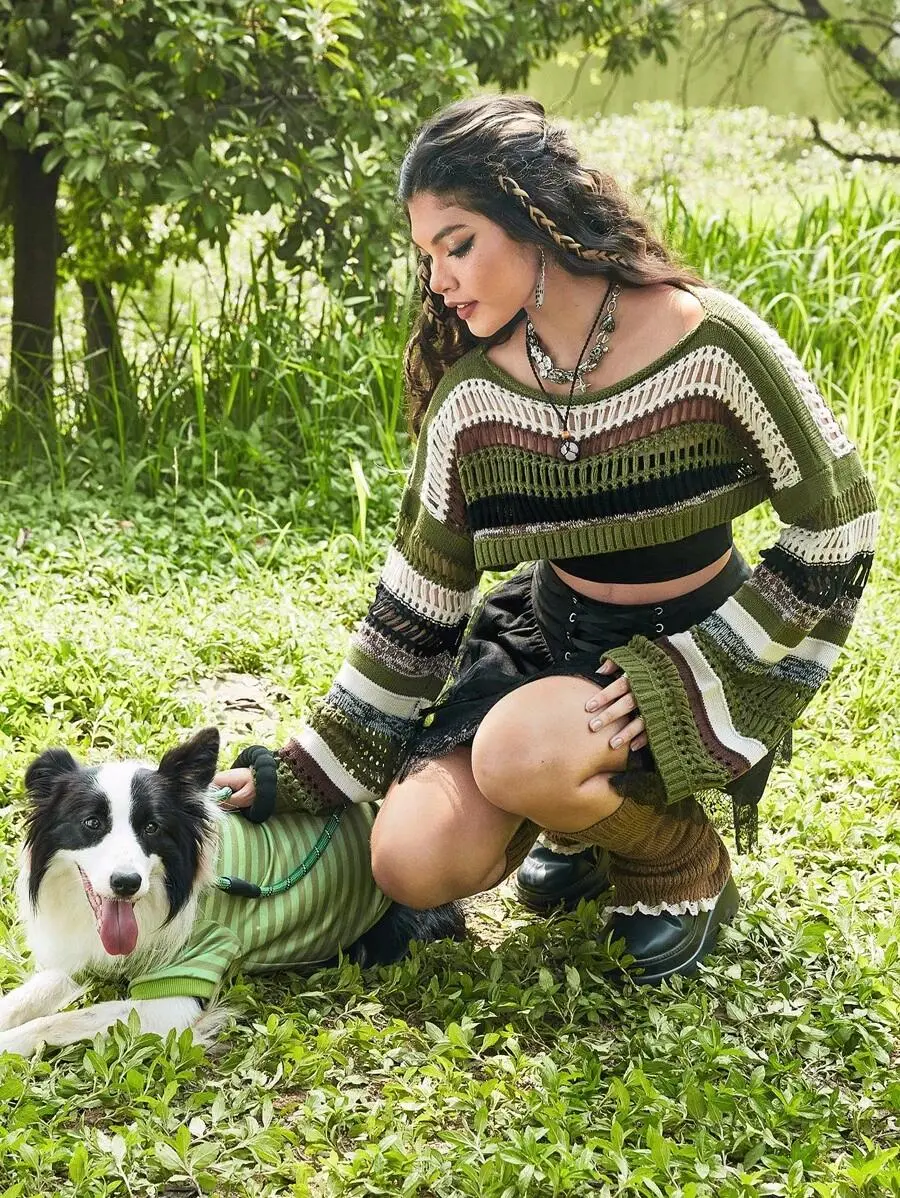 LUNA LAYER Womens Fairycore Crochet Striped Drop Shoulder Crop Sweater Boat Neck Flare Sleeve Oversized Pullover Top