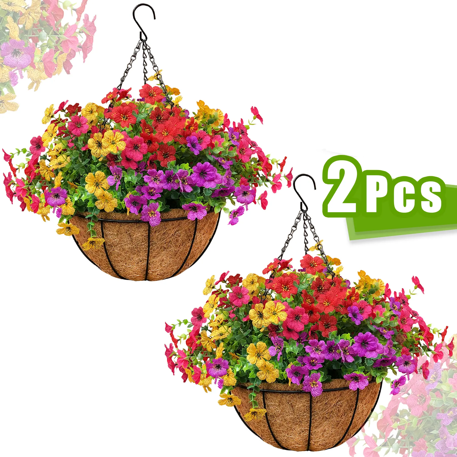 2 Coconut Palm Hanging Baskets with 24 Mixed-Color Blooms, Eucalyptus Artificial Flowers, UV-Resistant No-Fade Floral Decor, Realistic Look for Porch, Patio, Home Indoor Outdoor Decor