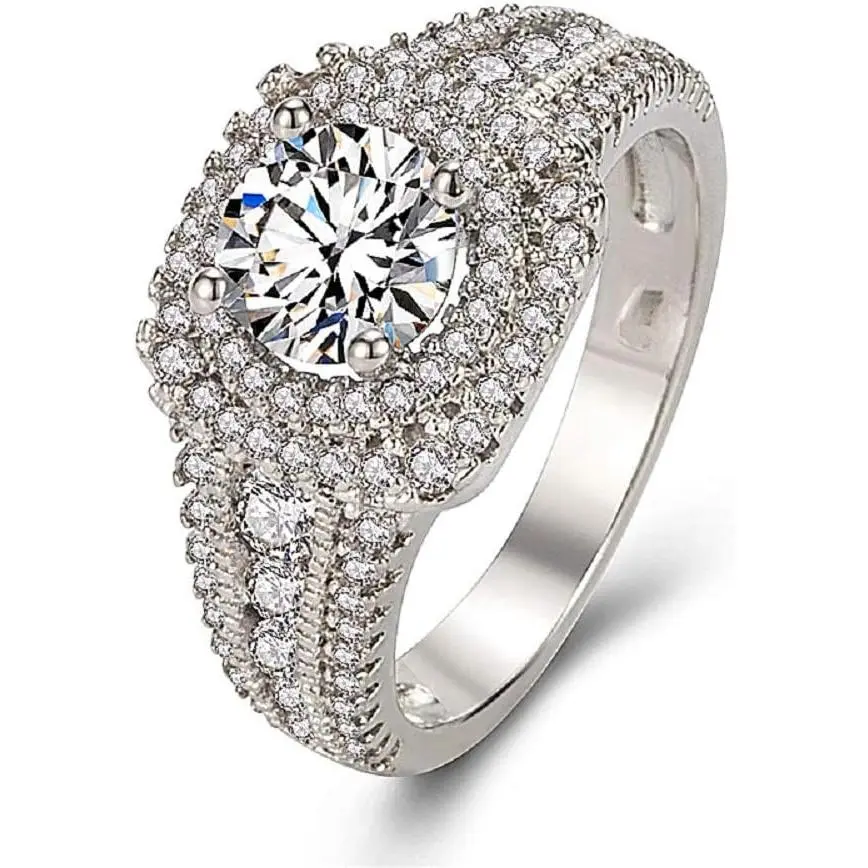 2.6 Ct Silver Plated Round Cut Simulated Diamond Engagement Wedding Ring Big Cubic Zirconia Promise Halo Jewelry Gift  Women