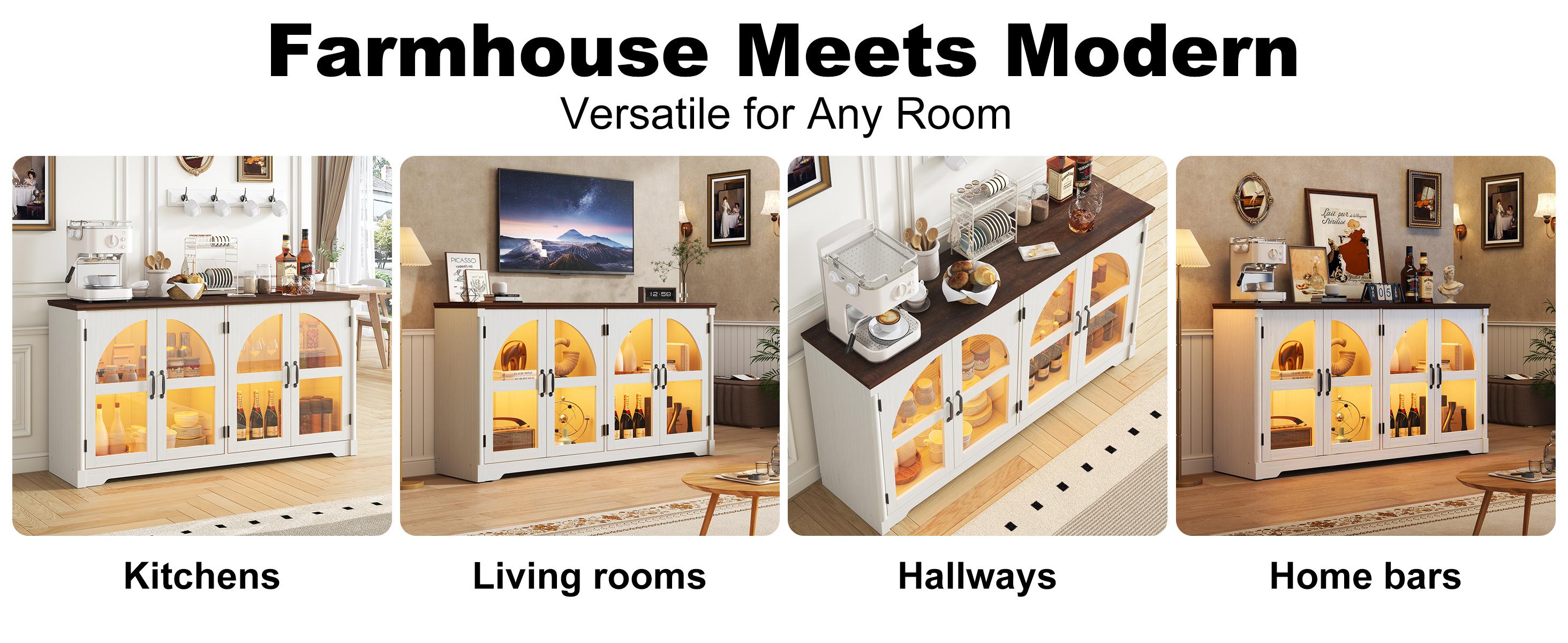 63" Modern Arched Sideboard Buffet Cabinet with LED Lights & Glass Doors, Large Storage Cabinet with Adjustable Shelves for Living Room & Kitchen