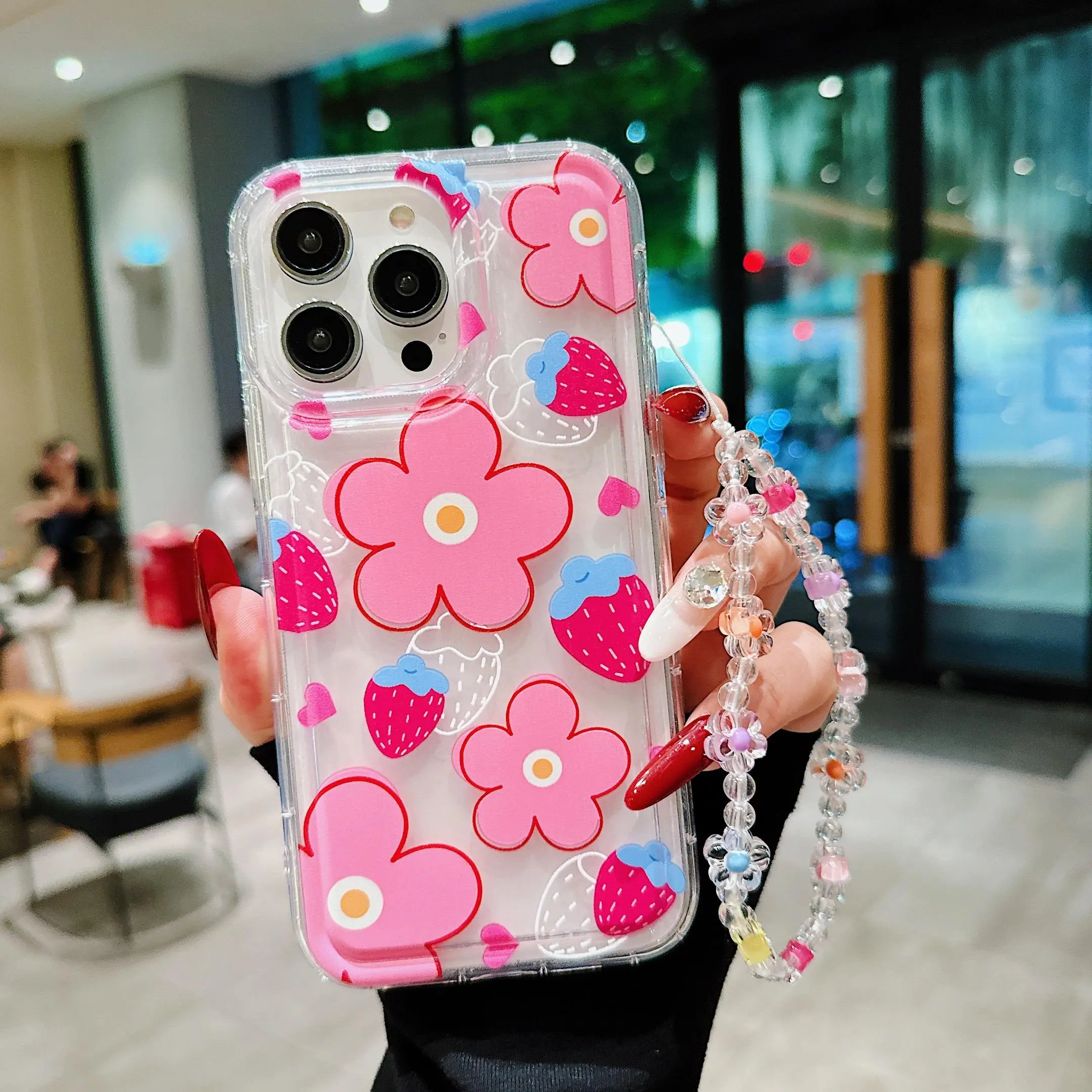 Cute Flower & Strawberry Pattern Aesthetic Phone Case with Lanyard, Decorative Phone Protector Cover, Phone Accessories Compatible with iPhone 15 14 13 12 11