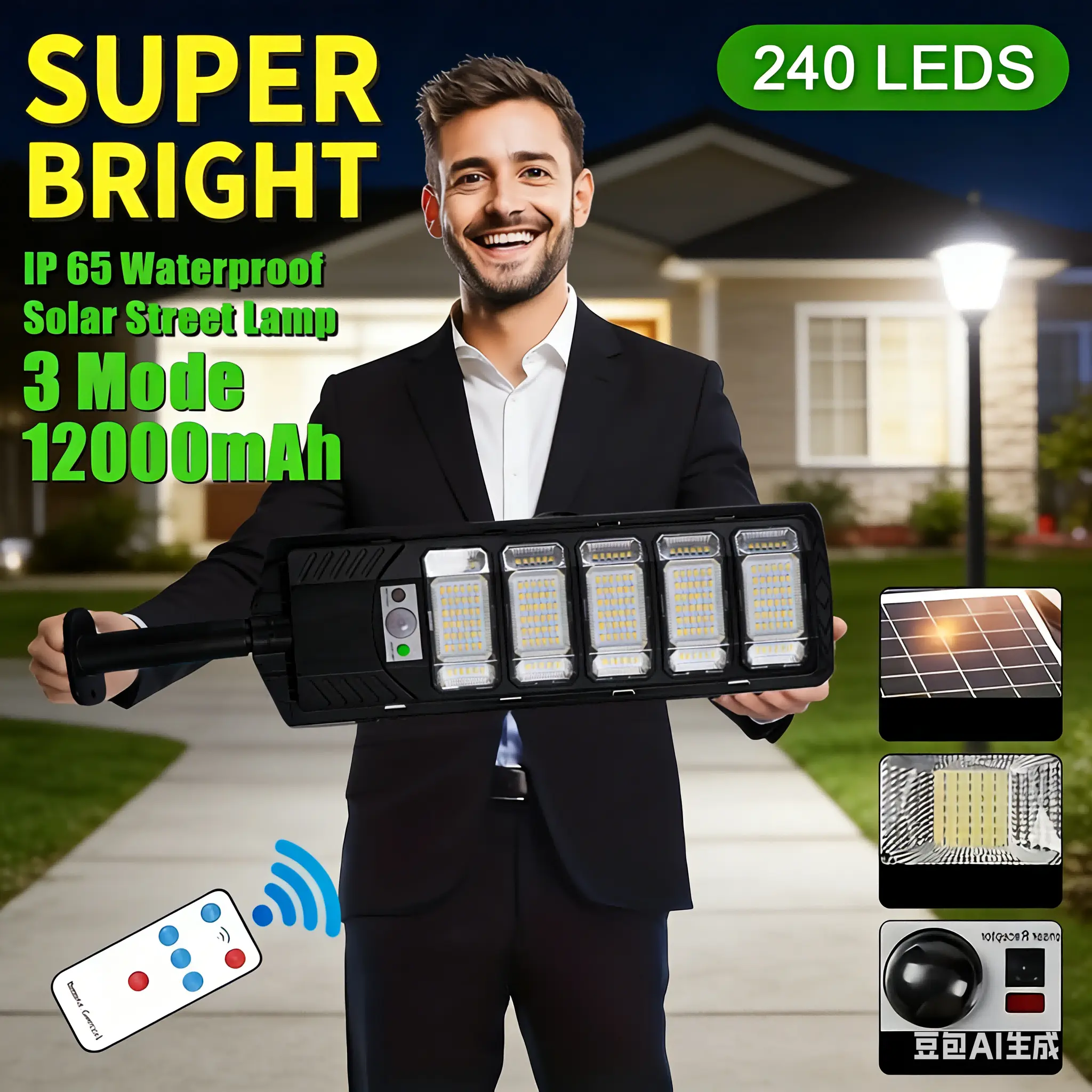 20000LM 240LEDs Solar-powered Flood Light - Outdoor Wall Lights with Batteries, Silicon, Motion Sensor, Remote Control, IP65 Water Resistant, Auto Dusk to Dawn, 0 Electricity Cost - Ideal for Gates, Patio, Parking Lot, 10000Mah