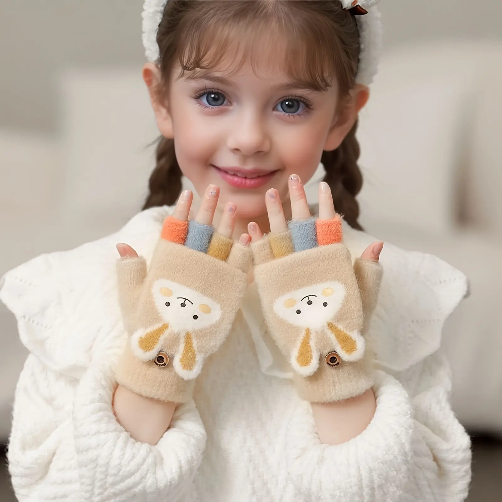 Red Face Bunny Gloves - Khaki