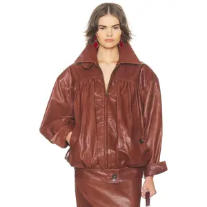Helsa The Shirred Oversized Leather Jacket in Cognac