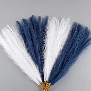 Blue and White Pampas Grass Decor, 30 Pcs 17" Faux Pampas Grass Short Decor, Grass Flower Arrangement and Vase Filler for Boho Home Wedding Decoration