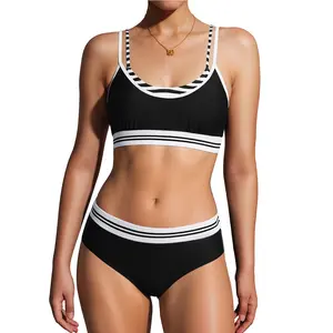Aprilake Women's Triangle Bikini Sets Sporty Adjustable strap High Waist Color Block Stripes Two Piece Bathing Suit
