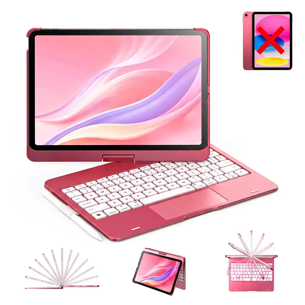 Typecase Backlit Wireless Tablet Keyboard Case (No Tablet Included) for iPad, 360° Rotatable Removable Stand, 74-Key Plastic Design, Multi-Touch Support, 11-Color RGB Backlight, Business Work Accessory Compatible with iPad A16/10th Gen, Air & Pro,TechVibe