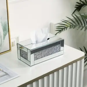 Rectangular Mirrored Glass Tissue Box Cover,Crystal Crushed Diamond Tissue Box,Silver Luxury Tissue Holders for Either Tissues in a Bathroom or Napkins on a Table
