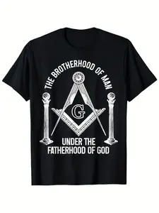 Men's Freemasonry T-Shirt with Square & Compass Symbol - Masonic Brothers Below Text - Size Casual Masonic Gift Apparel - All-Season Freemason Shirts (Black/White) - Apparel for Events, PLUS SIZE