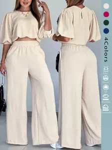 Women's 2PCS Set, Womenswear: Loose Round Neck Mid-Sleeve Top & Straight Pants, Lantern Sleeves, Elastic Waist with Side Pockets, Comfy Casual for Spring-Summer-Autumn, OOTD, Loungewear, Street Style, Lightweight Stretchy Woven Fabric for Daily Commuting
