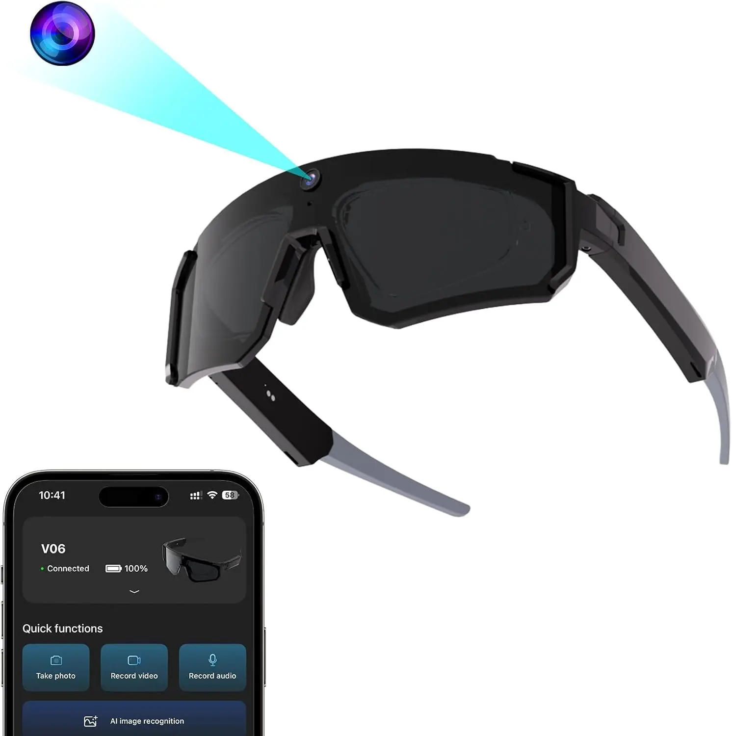 AI Pro Camera Glasses 4k - Recording Glasses with 6-Axis EIS Stabilization, ChatGPT Voice Assistant, IP56 Waterproof, Dual-Mic ENC Noise Cancelling, for Cycling & Hiking