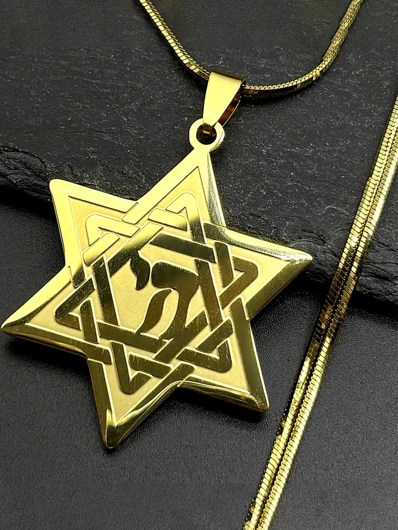Jewish Hebrew Letter Chai Symbol Star of David Pendant Necklace Men Women Stainless Steel Israel Hexagram Long Chain Chain Necklaces