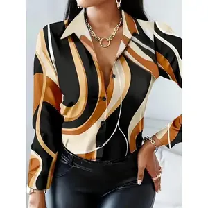 Chic Plus Size Geometric Print Blouse - Casual Long Sleeve, Button-Up Shirt for Women, Machine Washable Polyester Top Womenswear Fabric Spring Fitted