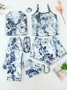 Women's All Over Print Satin Pyjama Set, Casual Comfy Lapel Button Front Top & Crop Cami Top & Bow Front Shorts & Pants & Hair Tie & Eye Mask Set, Ladies Sleepwear, Pajama Set