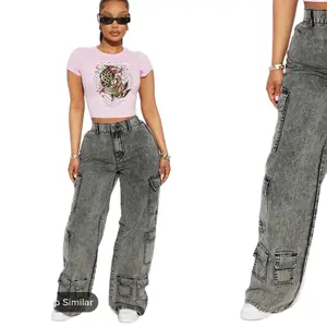 Stone Wash Cargo FashionNova pant        Womenswear Jean Bottom Streetwear Denim