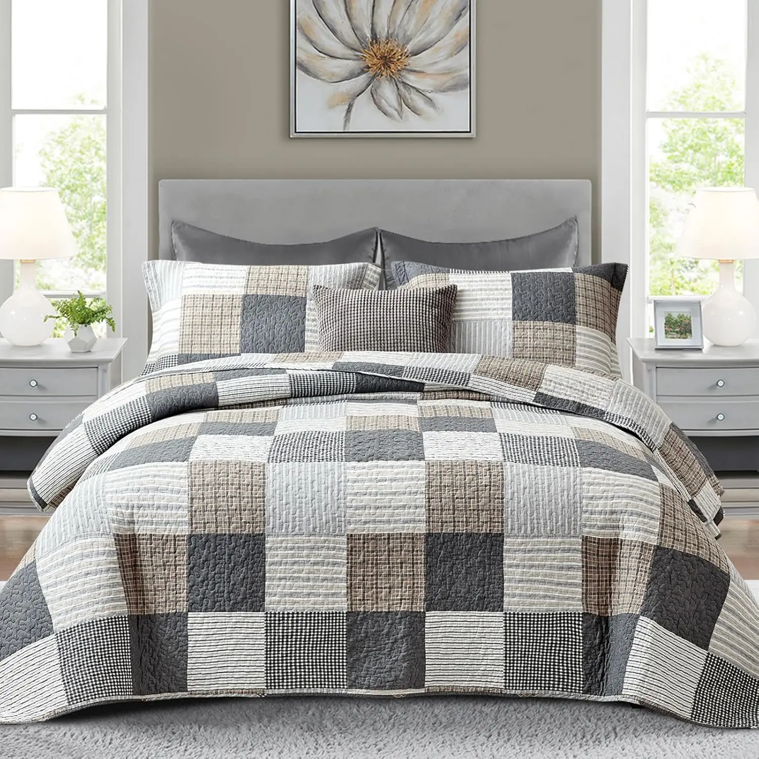 Quilt Bedding Set -    Size Comforter,  Quilted Bedspread  Country Bed Spread, Lightweight Reversible  Quilt Sets -, Gray/Brown/Black/White, 3 count