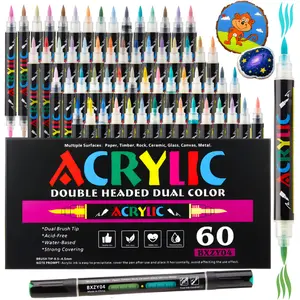 Acrylic Paint Marker With Dual Brush Tips Dual Color, Automatic Ink Control, Water Based Ink Paint Markers For Rock, Wood, Ceramic, Glass, Stone, Fabric, Acrylic Marker Pen, DIY Crafts Textile & Art Supplies