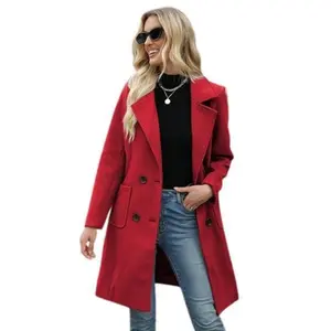 Women Winter Wool Blend Camel Mid-Long Coat Notch Double-Breasted Lapel Jacket Outwear Can be used with raincoat