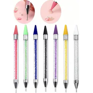 Pink Nail Care Manicure Dotting Pen Tool - 7-Piece Set with Waxed Self-Adhesive Tips, Double-Ended Design, Replacement Crayon Tips for Crystal, Rhinestone, Gemstone Pickup & Removal, Single Pack