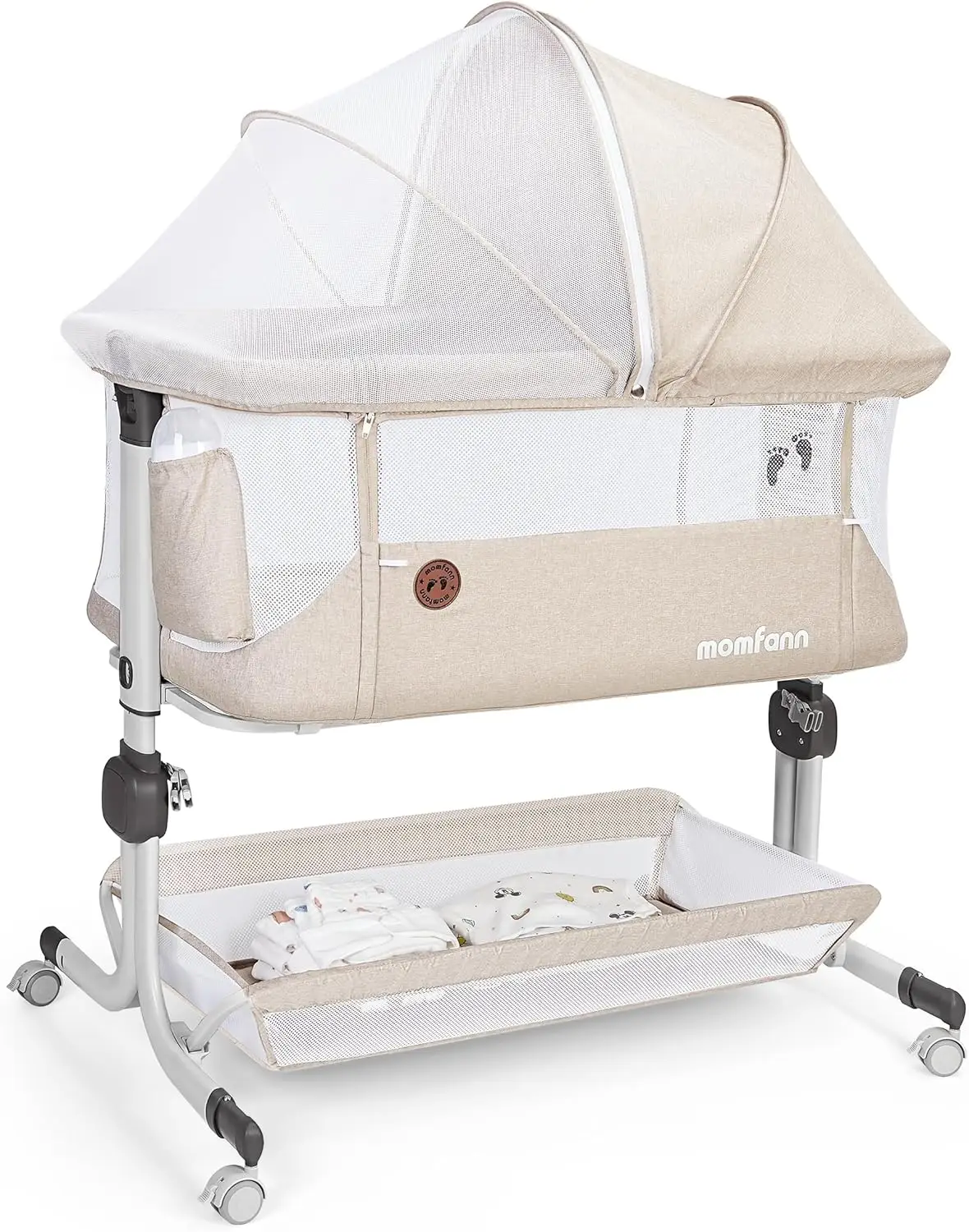 Momfann Baby Bassinet Bedside Sleeper, Upgraded Stability Bedside Crib with Full Mesh Sides, Soft Sheet, 6-Height Adjustment, Storage Basket, Easy Fol