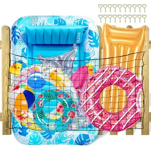 Extra Large Pool Toy Float Storage Net with 20 Windproof Screw Windproof Hooks, 71 x 47in Hangin Heavy Duty Elastic Mesh Pool Float Storage Net for Inflatable Rafts, Noodles, Balls, Chairs