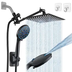8 Inch Rainfall Shower Head with 8 Mode Handheld Spray Combo High Pressure Square Design 9 Inch Extension Arm Dual Black Heads 78 Inch Hose Waterfall Style