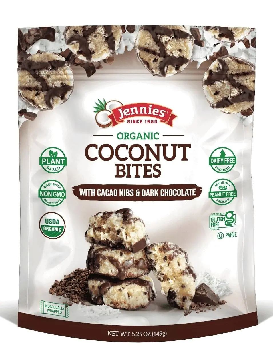 Jennies Organic Coconut Bites with Cacao Nibs and Dark Chocolate, 5.25oz | Gluten Free | Peanut Free | Dairy Free | Non GMO