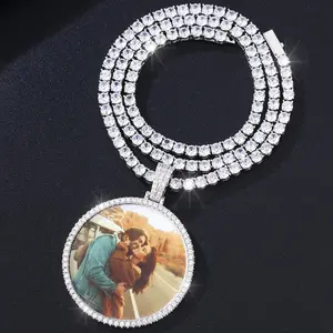 Custom Photo Large Circle Bling Necklace | Personalized Round Photo Pendant, Iced Out CZ Hip Hop Jewelry Gift for Men and Women