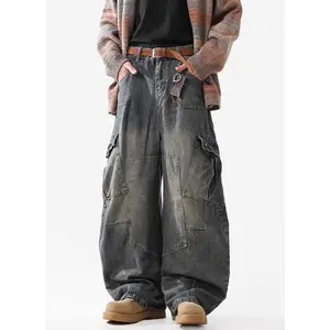 Trendy Multi-Pocket Scimitar Jeans for Men 2025 Spring and Autumn New Street Style Vintage Washed Wide-Leg Cargo Pants