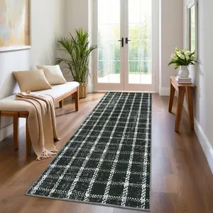 2x6 Runner Rug Washable Non Slip Kitchen Rugs Geometric Checkered Print ， Modern Throw Carpet for Home Office, Black