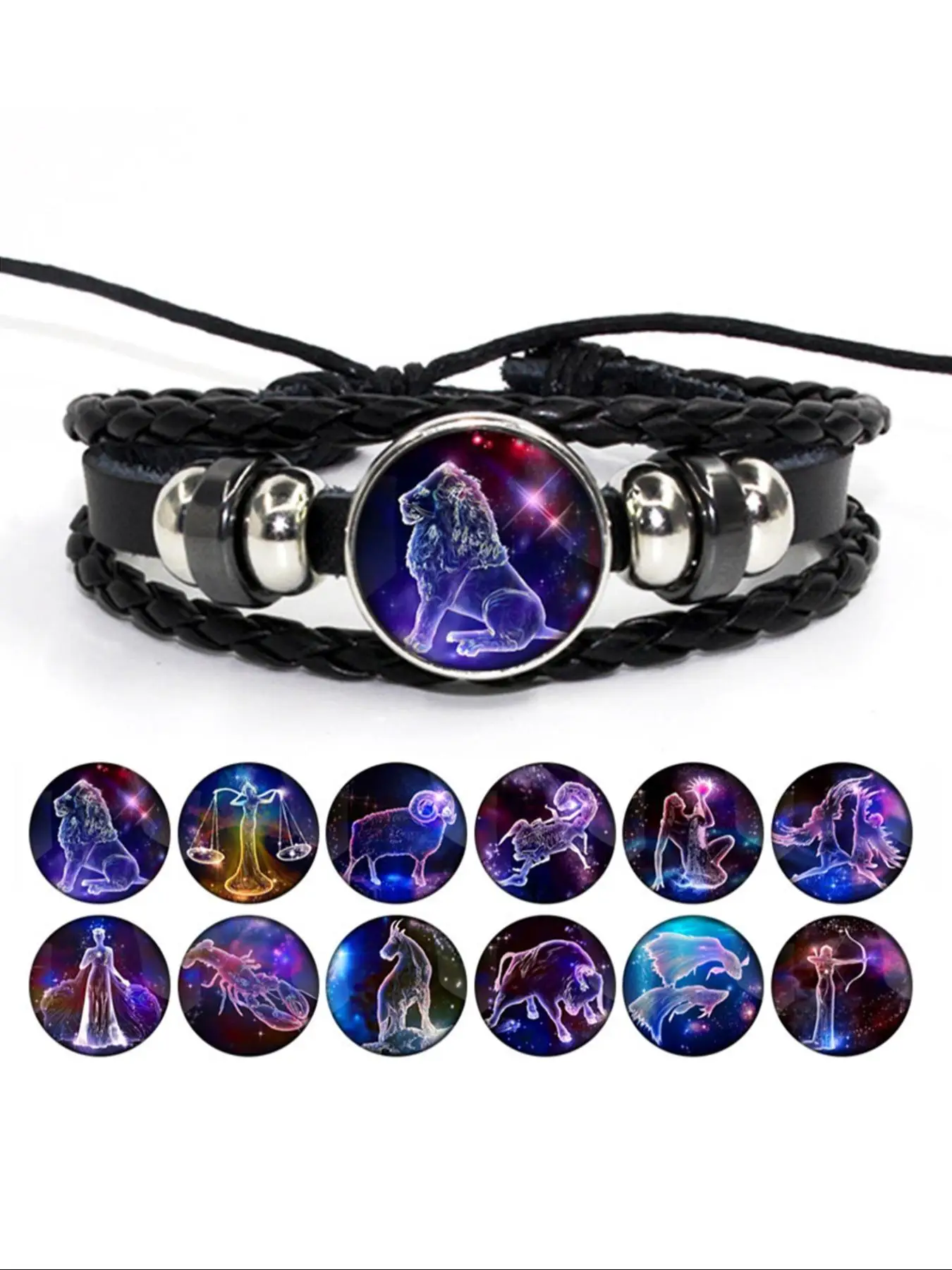 Vintage Adjustable Pu Braided Bracelet, Artificial Gemstone Twelve Constellations Bracelet, Fashion Jewelry Accessories for Men & Women