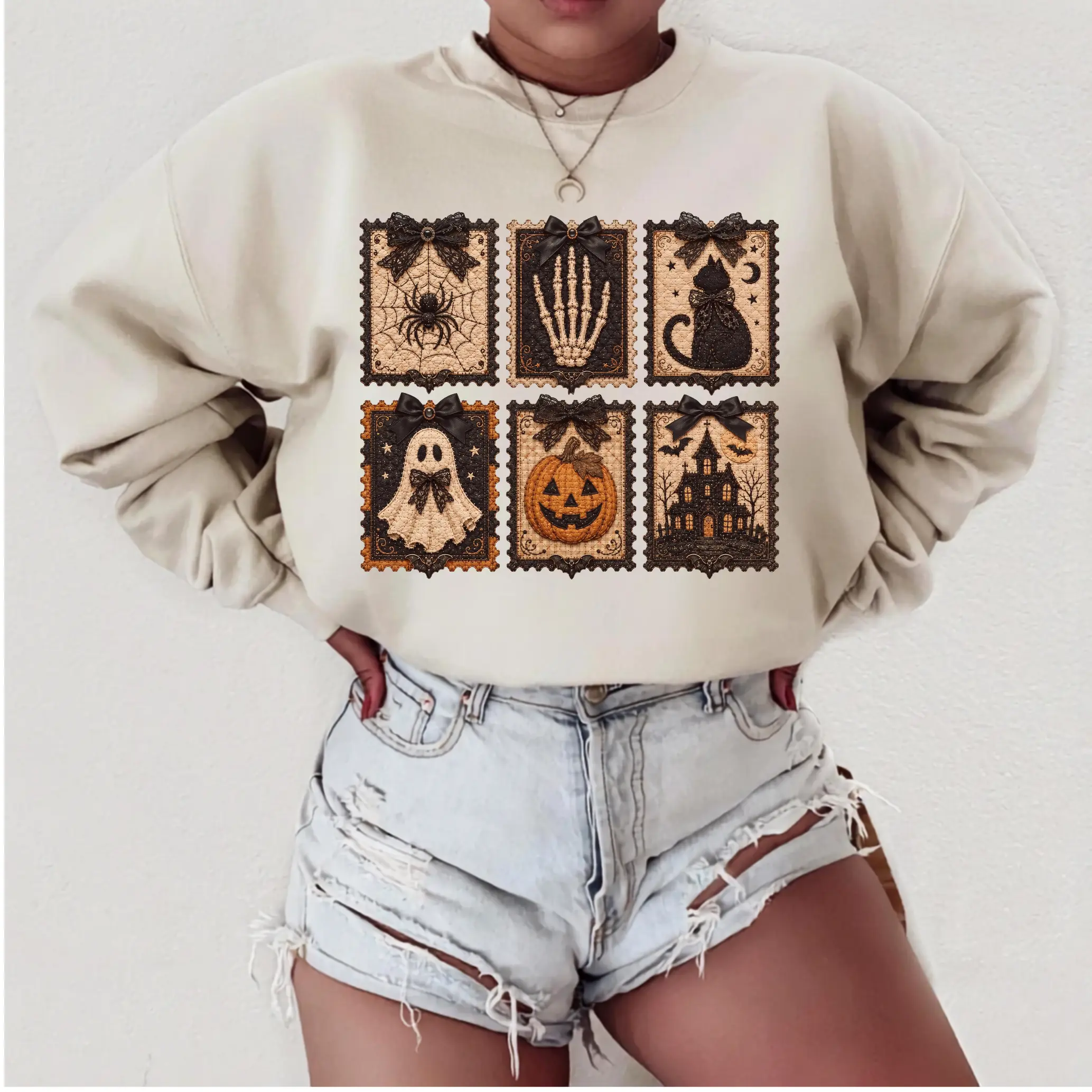 Vintage Halloween Sweatshirt - Quilted Patchwork Graphic With Spider Skeleton Hand Black Cat Ghost Jack O Lantern And Haunted House, Spooky Season pullover For Women | GHINI