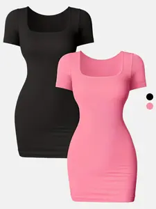 Women's Solid Square Neck Bodycon Fit Dress, Basic Casual Chic Fashion Short Sleeve Flattering Dress for Daily Outdoor Wear, Ladies Clothes Womenswear for All Seasons