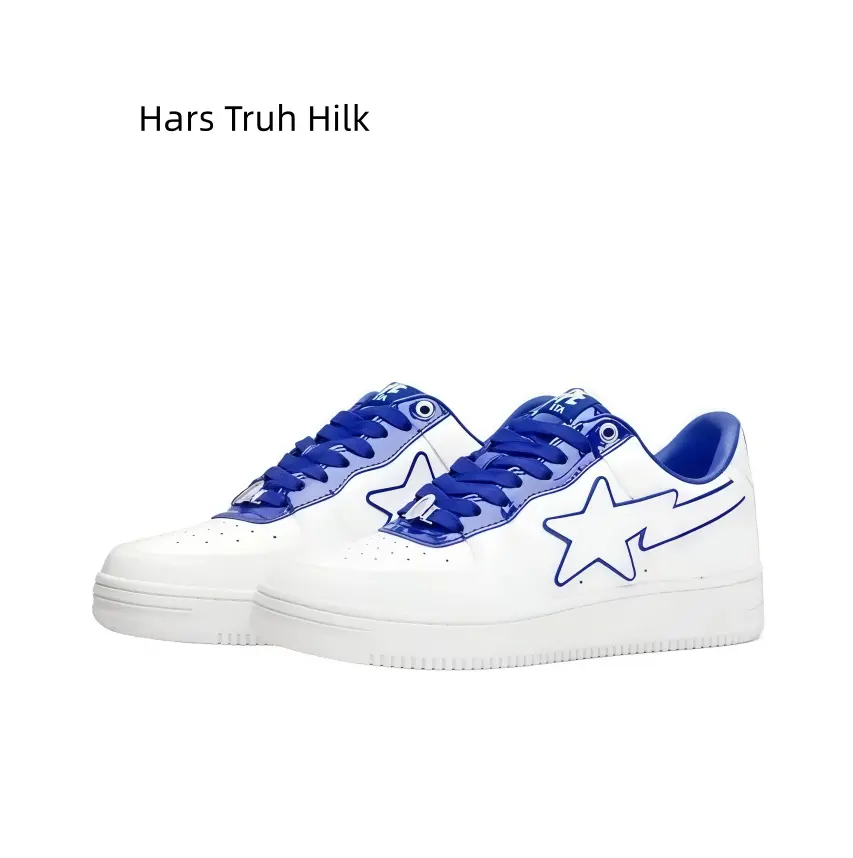 Plain White Leather Low Profile Sneakers With Contrast Blue Outline Star Accent, Standard Lace-Up Closure, Soft Cushioned Insole Trendy Clean Aesthetic Street Sneakers For Everyday Outfits