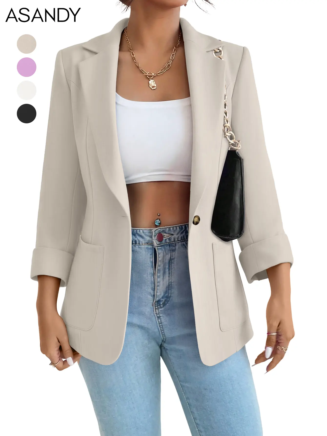 Chic Cropped Sleeve Blazer with Gold Accent – Beige/Purple/White/Black Versatile Suit Jacket | Single-Button Design & Structured Pockets, All-Season Office/Streetwear Blazer for Effortless Elegance-Oversize, Long Sleeve, Basic