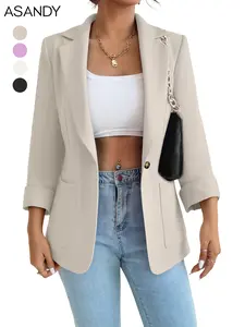 Chic Cropped Sleeve Blazer with Gold Accent – Beige/Purple/White/Black Versatile Suit Jacket | Single-Button Design & Structured Pockets, All-Season Office/Streetwear Blazer for Effortless Elegance-Oversize