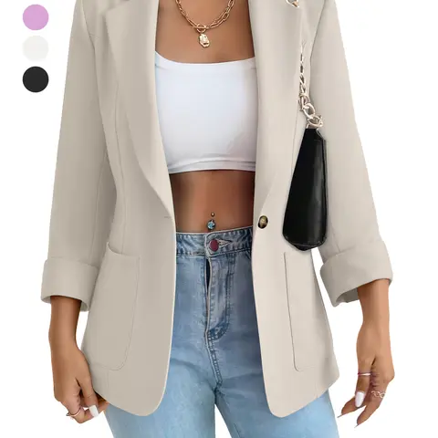 Chic Cropped Sleeve Blazer with Gold Accent – Beige/Purple/White/Black Versatile Suit Jacket | Single-Button Design & Structured Pockets, All-Season Office/Streetwear Blazer for Effortless Elegance-Oversize, Long Sleeve, Basic, Lady, Women