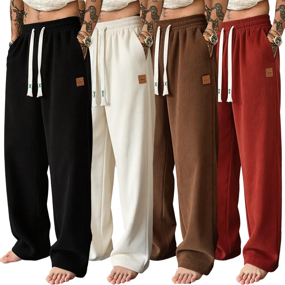 Men's Activewear Pants 4-Pack, Casual Solid-Color Athletic-Cut Joggers with Adjustable Drawstring Waist and Pockets for Autumn-Winter Wear, Black + White + Coffee Brown + Red Brown