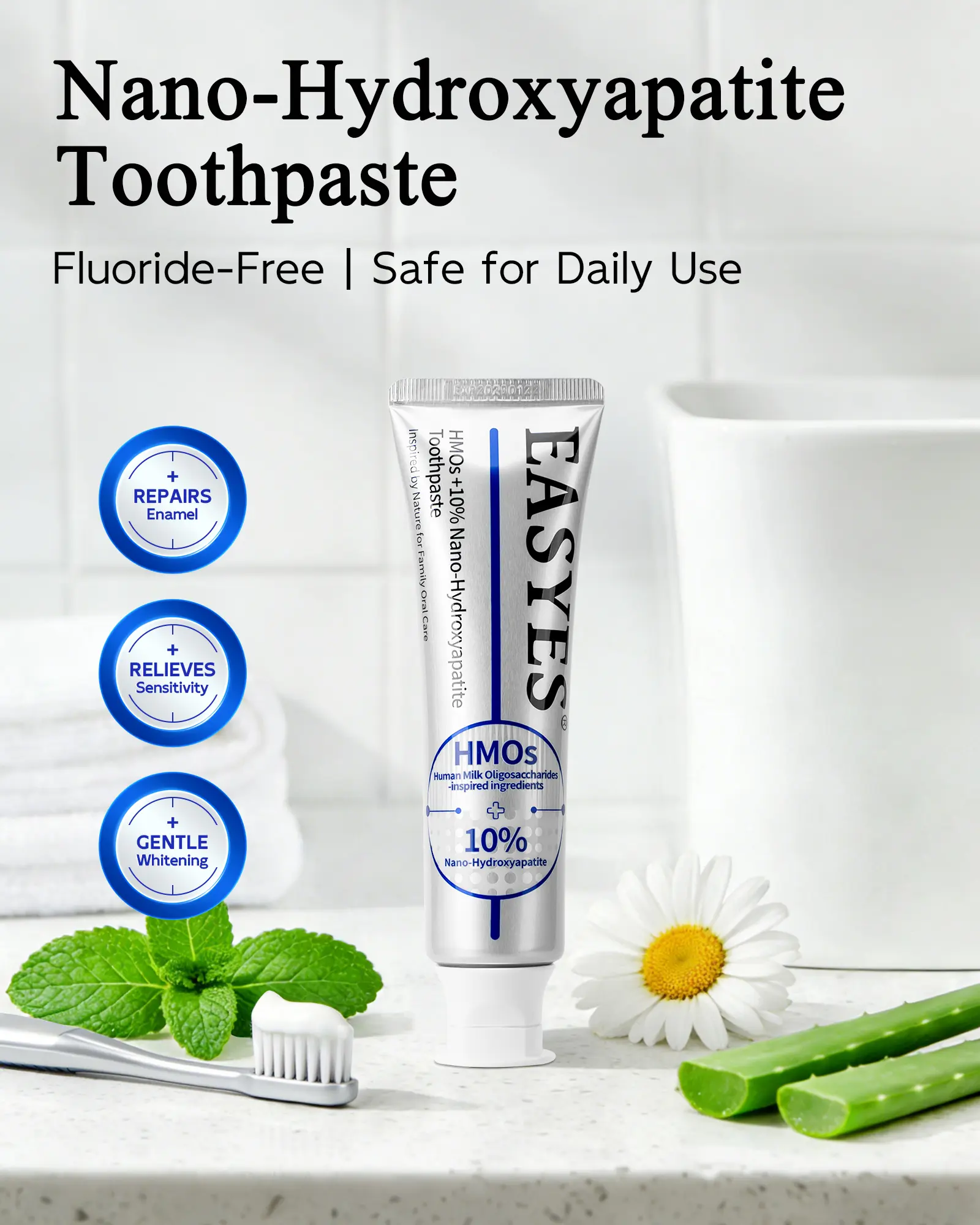 Easyes Nano Hydroxyapatite Toothpaste with HMO Prebiotics, 100g Daily Repair Formula for Sensitive Teeth, Fluoride-Free to Restore Enamel, Mild Wintergreen Mint Pack, Gentle, Friend