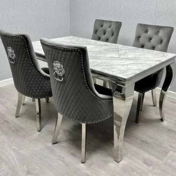 Louis Marble Dining Table with Bentley Plush Velvet Chairs