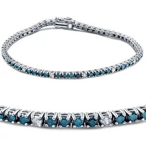2ct Treated Blue & White Diamond Tennis Bracelet 14K White Gold
