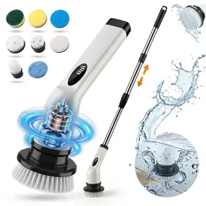 Wireless IPX7 Waterproof Cordless Electric Spin Scrubber Kit - USB-C Rechargeable, Adjustable Speed, Extendable Handle, Long Battery Life, 8 Interchangeable Brush Heads, Anti-Tangle, Quick Assembly (Seconds), Home Cleaning Tool for Bathroom, Kitchen