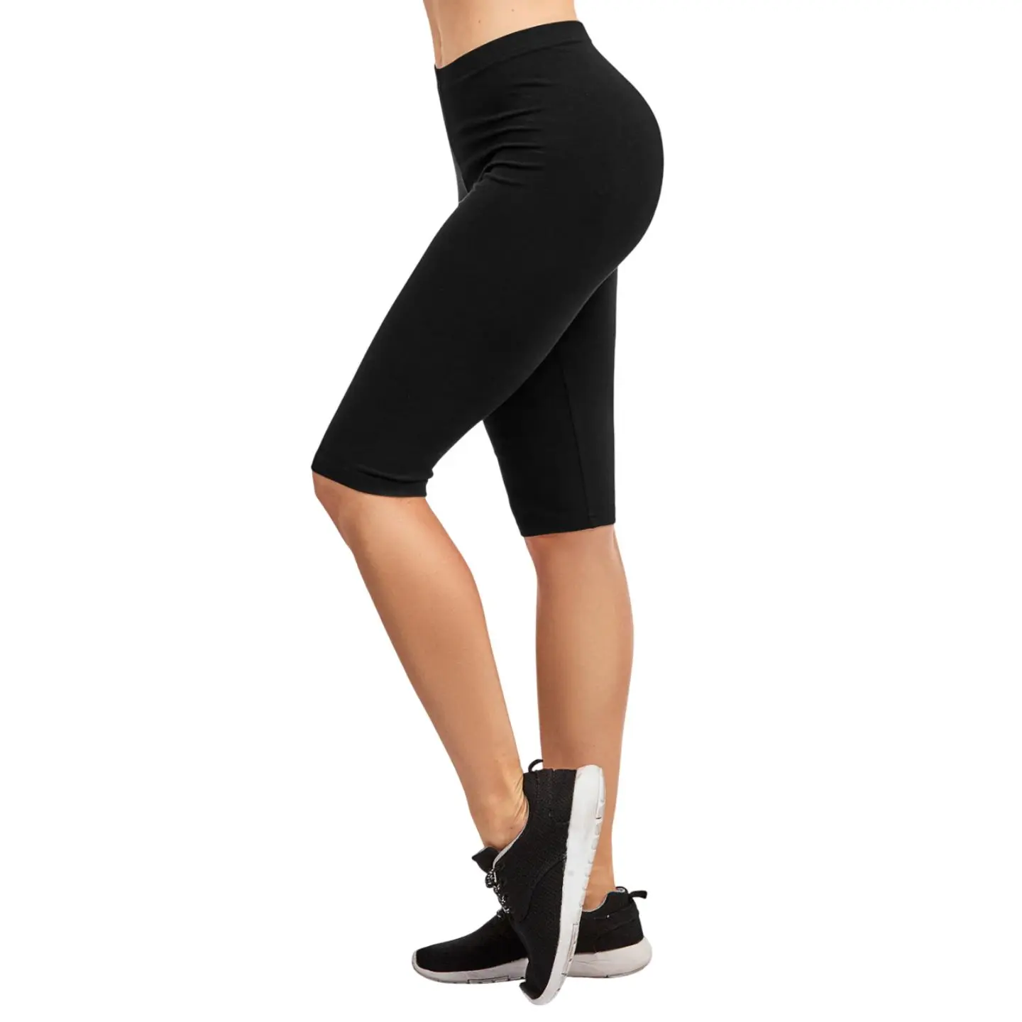 Women's Cotton Biker Shorts Leggings Knee Length High Waisted No See-Through Athletic Workout Running Cycling Yoga Tummy Control Activewear