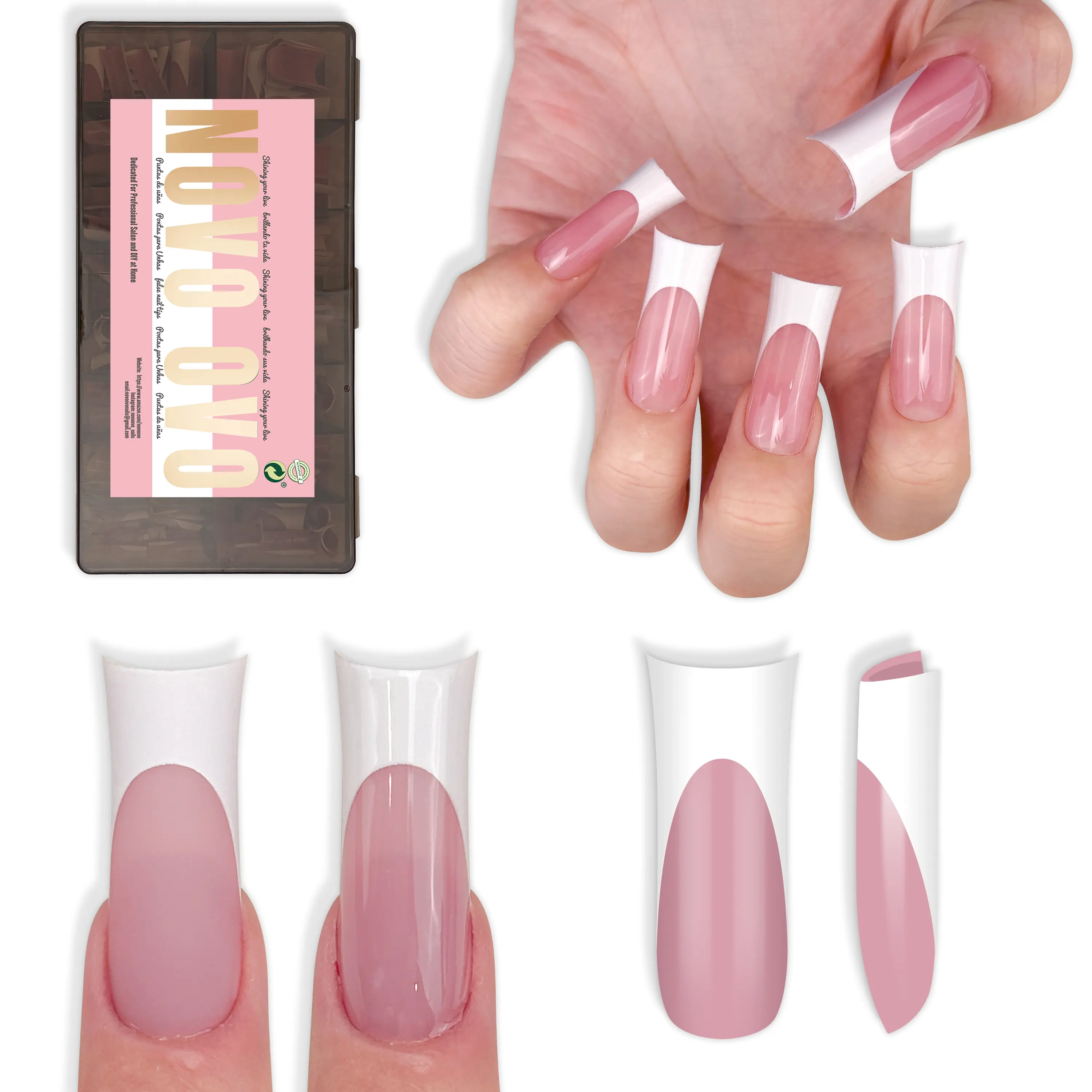NOVO OVO Long XL Sculpted Duck Nail Tips with Moon Curve - 240Pcs White French Tip Berry Pink Flare Soft Gel Nails, Extra Thick High Apex Fake Nails for Curved Nail Beds, DIY Salon x 15 Sizes