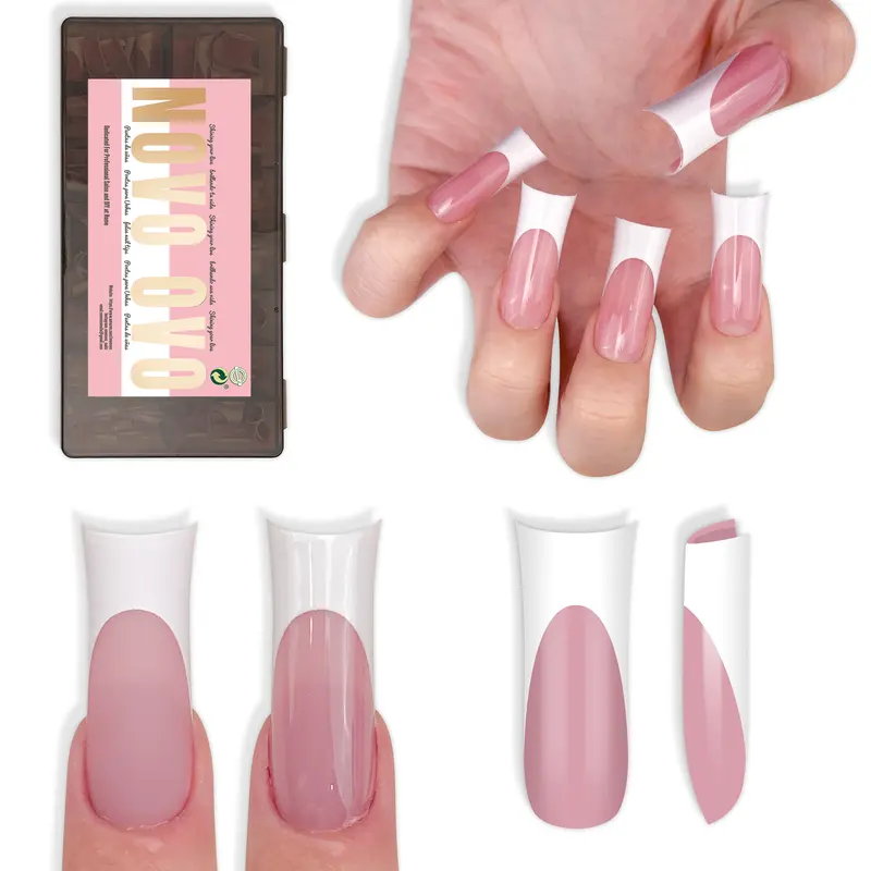NOVO OVO Long XL Sculpted Duck Nail Tips with Moon Curve - 240Pcs White French Tip Berry Pink Flare Soft Gel Nails, Extra Thick High Apex Fake Nails for Curved Nail Beds, DIY Salon x 15 Sizes